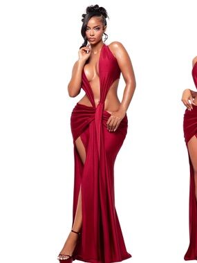 Plunging Halter Red Maxi Dress with Front Knot